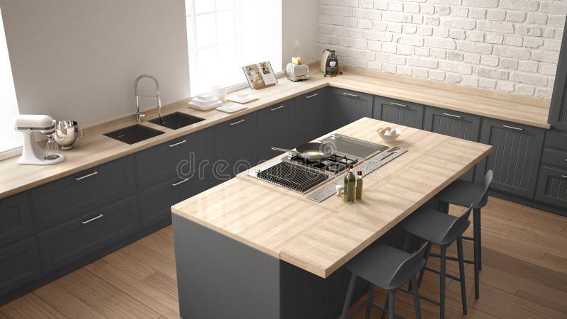 Cocina clásica con los detalles de madera modernos y el diseño interior minimalistic grande de la ventana, blanco y gris, visión imagenes de archivo Cocina clásica con los detalles de madera modernos y el diseño interior minimalistic grande de la ventana, blanco y gris, visión imagenes de archivo
