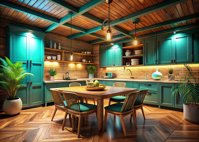 Cocina de campo turquesa serena por la noche diseño sostenible con detalles de madera de bambú ilustración del vector