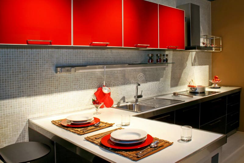 Modern kitchen counter with red details and lobster. Modern kitchen counter with red details and lobster