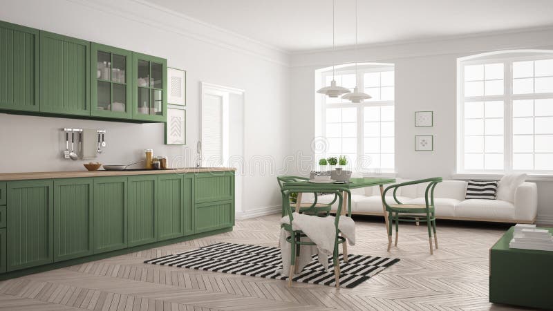 Cocina moderna minimalista con la mesa de comedor y la sala de estar, whi stock de ilustración Cocina moderna minimalista con la mesa de comedor y la sala de estar, whi stock de ilustración