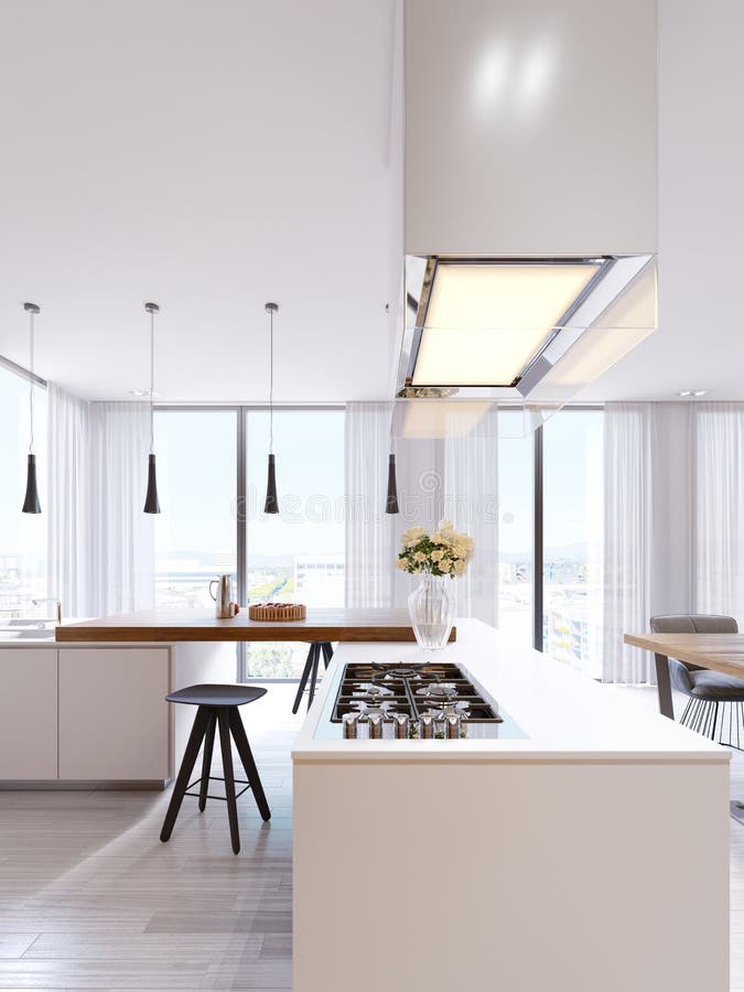 Cocina moderna tecnológica en un estilo minimalista con una nueva generación de dispositivos Avellanador, capilla de cristal ilum stock de ilustración Cocina moderna tecnológica en un estilo minimalista con una nueva generación de dispositivos Avellanador, capilla de cristal ilum stock de ilustración