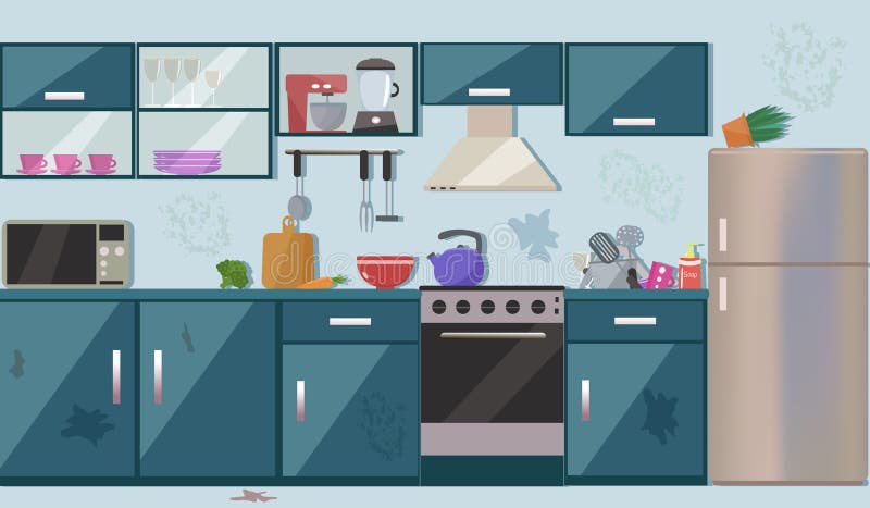 Escena Sucia De La Cocina Con El Ama De Casa Ilustración del Vector