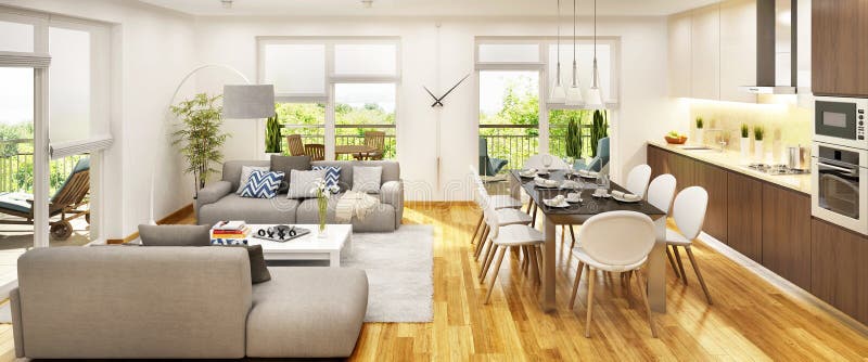 Cocina Moderna Con Las Ventanas Grandes Imagen de archivo - Imagen de