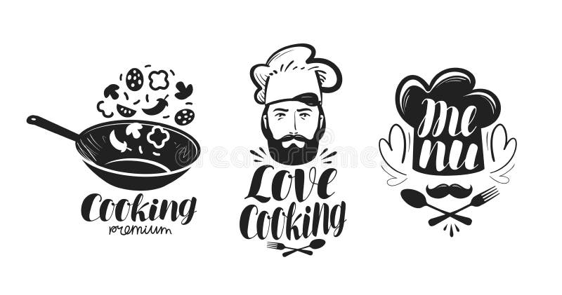 Cocinando, logotipo de la cocina Sistema de etiqueta para el restaurante o el café del menú del diseño Letras manuscritas, vector libre illustration Cocinando, logotipo de la cocina Sistema de etiqueta para el restaurante o el café del menú del diseño Letras manuscritas, vector libre illustration