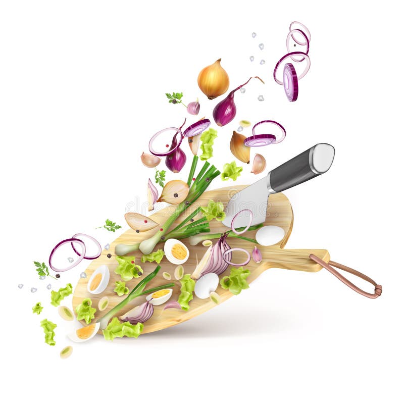 Cocinar ensalada fresca de cebollas hierbas huevos especias 3d composición vectorial realista aislado sobre fondo blanco. stock de ilustración
