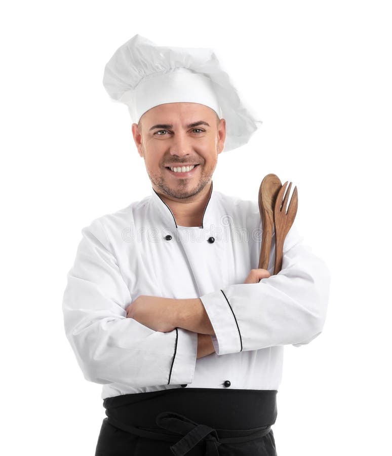 Cocinero de sexo masculino con los utensilios de la cocina en el fondo blanco fotografía de archivo Cocinero de sexo masculino con los utensilios de la cocina en el fondo blanco fotografía de archivo