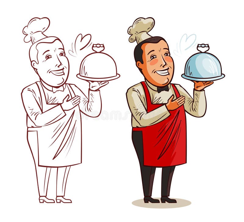 Cocinero divertido, cocinero con la bandeja a disposición Restaurante, cocinando, concepto de la comida Ilustración del vector de libre illustration Cocinero divertido, cocinero con la bandeja a disposición Restaurante, cocinando, concepto de la comida Ilustración del vector de libre illustration
