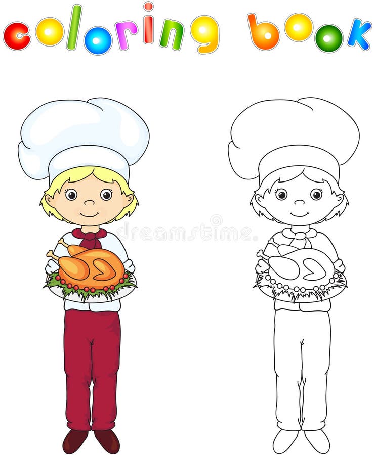 Cocinero o camarero en su uniforme y tocas con el pollo asado encendido stock de ilustración Cocinero o camarero en su uniforme y tocas con el pollo asado encendido stock de ilustración