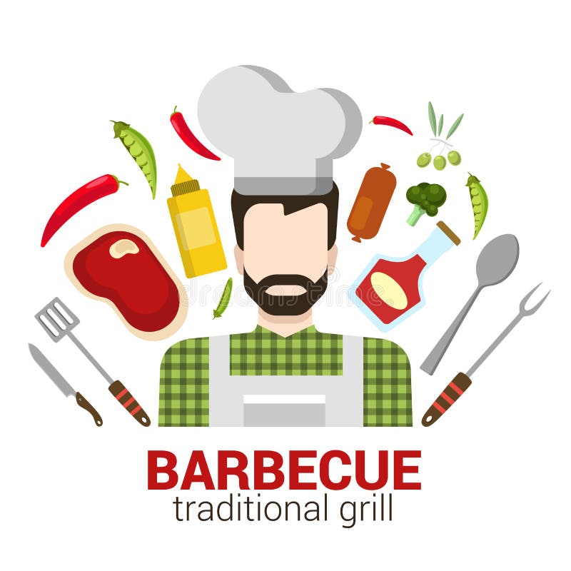 Cocinero profesional del vector plano: icono de la parrilla de la barbacoa del restaurante ilustración del vector Cocinero profesional del vector plano: icono de la parrilla de la barbacoa del restaurante ilustración del vector