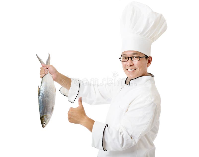 cocinero que sostiene pescados grandes aislados en blanco fotos de archivo cocinero que sostiene pescados grandes aislados en blanco fotos de archivo