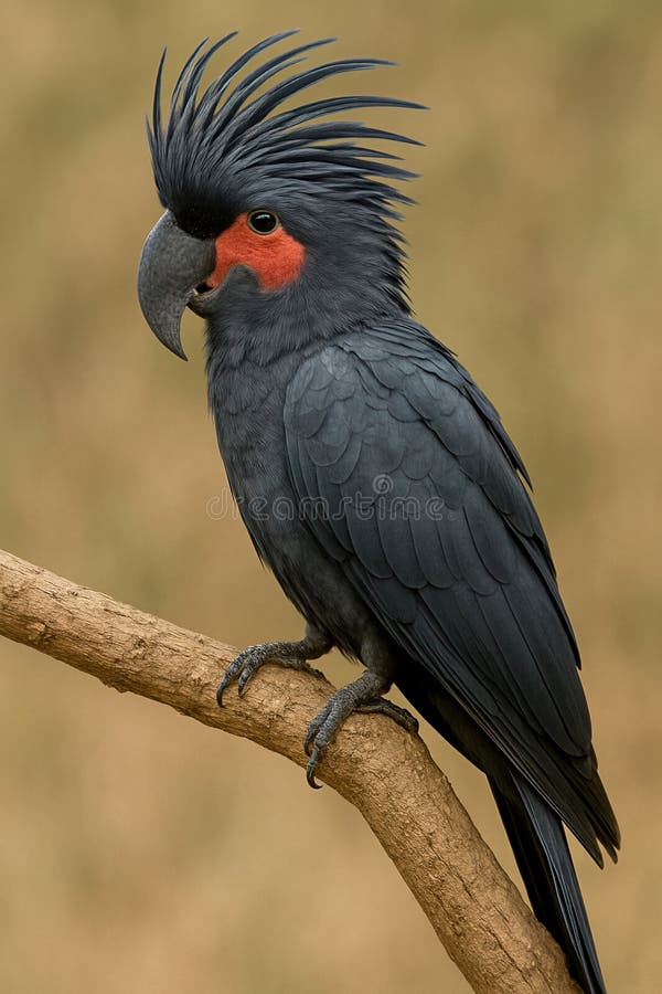 Cockatoul maiestuos negru de palmier cocoțat pe o ramură care afișează pene întunecate pene vii rosu obraz patch și creastă izbito vector illustration