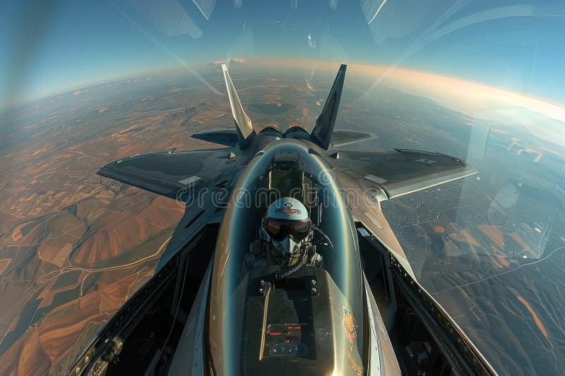 Pilot's perspective during an F-22 fighter jet takeoff over scenic landscape stock photography