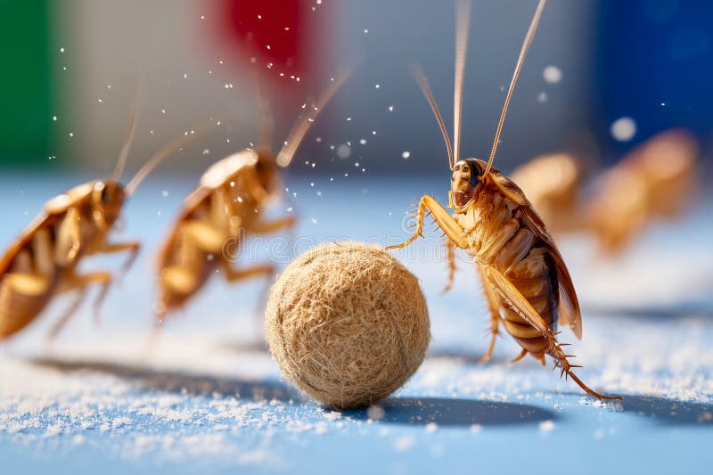 A close-up of a cockroach interacting with a small, fuzzy ball on a blue surface. Several cockroaches are in the background, creating a dynamic scene. Fuzzy surface stock images, royalty-free photos and pictures
