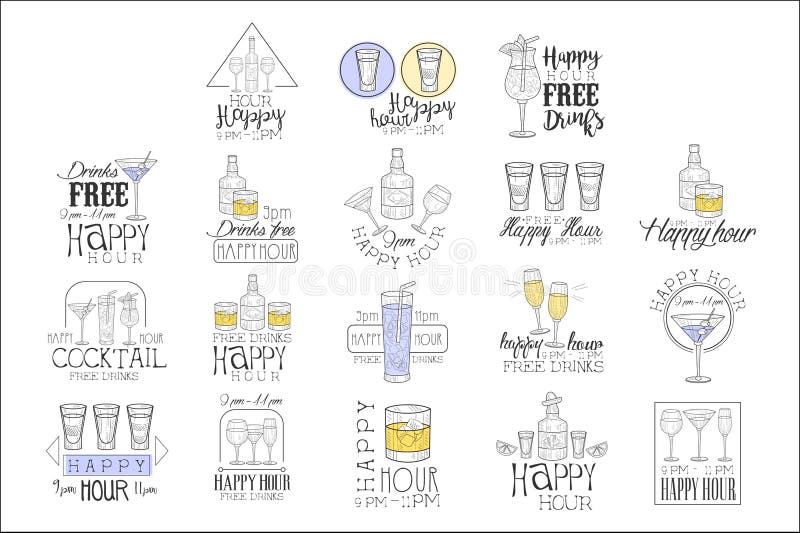 Cocktail Bar Happy Hour Promotion Sign Design Template Set Of Hand Drawn Hipster Sketches With Different Drinks And