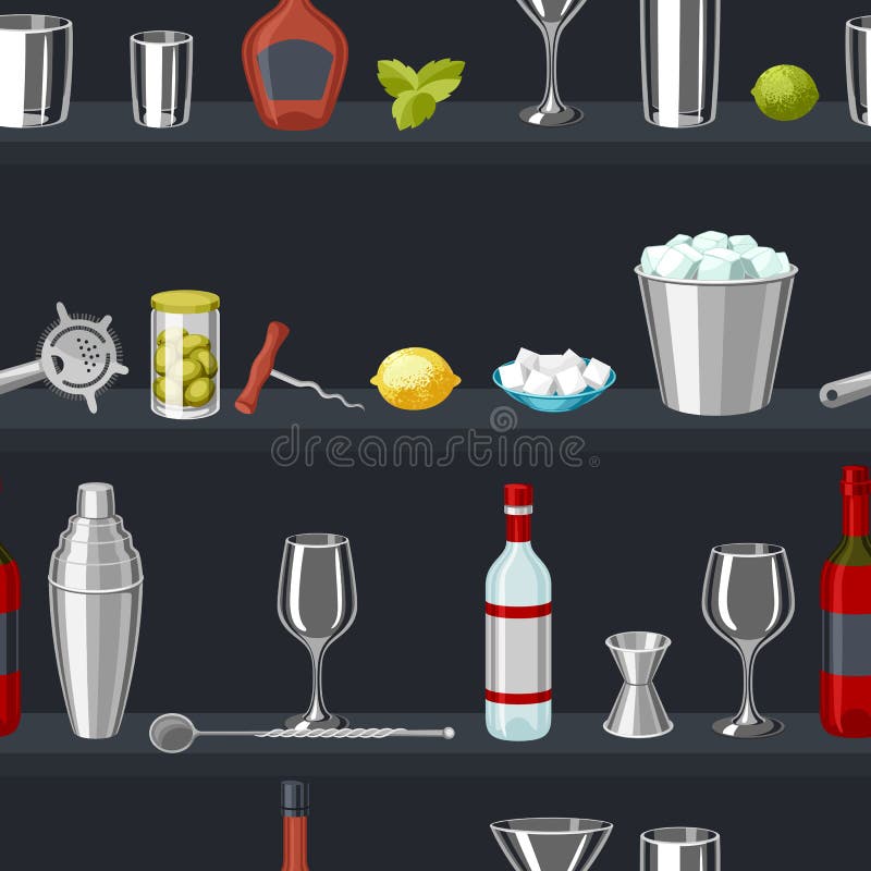 Cocktail Bar Seamless Pattern. Essential Tools, Glassware, Mixers and