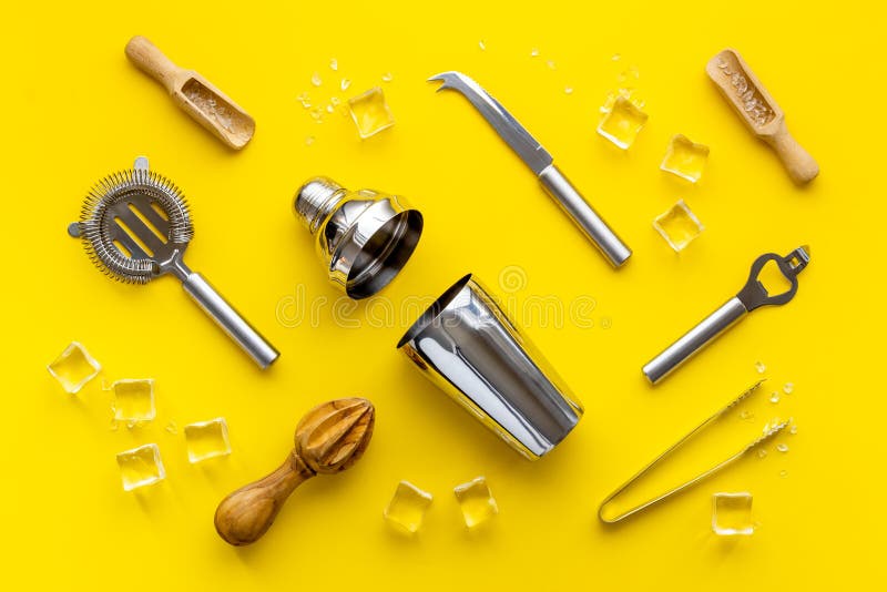 Cocktail Bar Utensils and Tools. Top View, Flat Lay Stock Photo Image