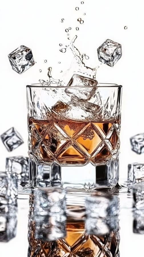 Cocktail Bartending Techniques Concept: A Splash of a Refreshing Beverage with Ice Cubes in a Clear Glass on a White royalty free stock photography