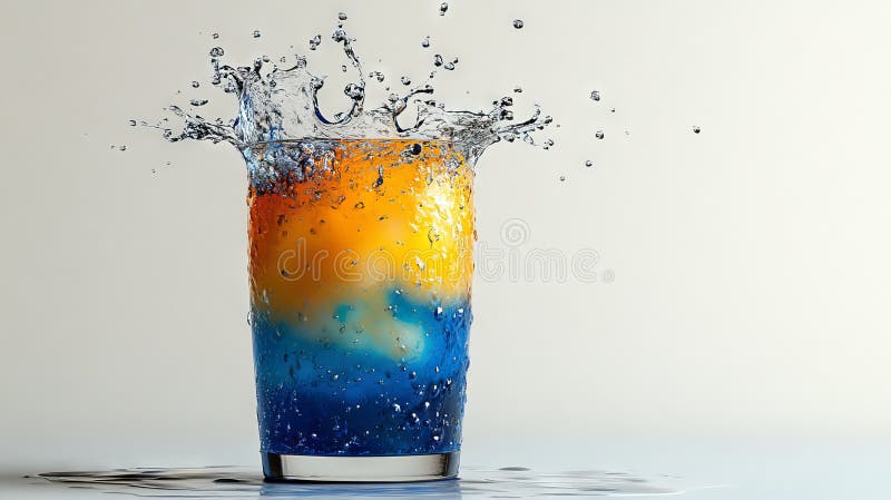 Cocktail Bartending Techniques Theme. Dynamic Splash of Juice with a Fresh Orange Slice in Vibrant Blue Waves royalty free stock images