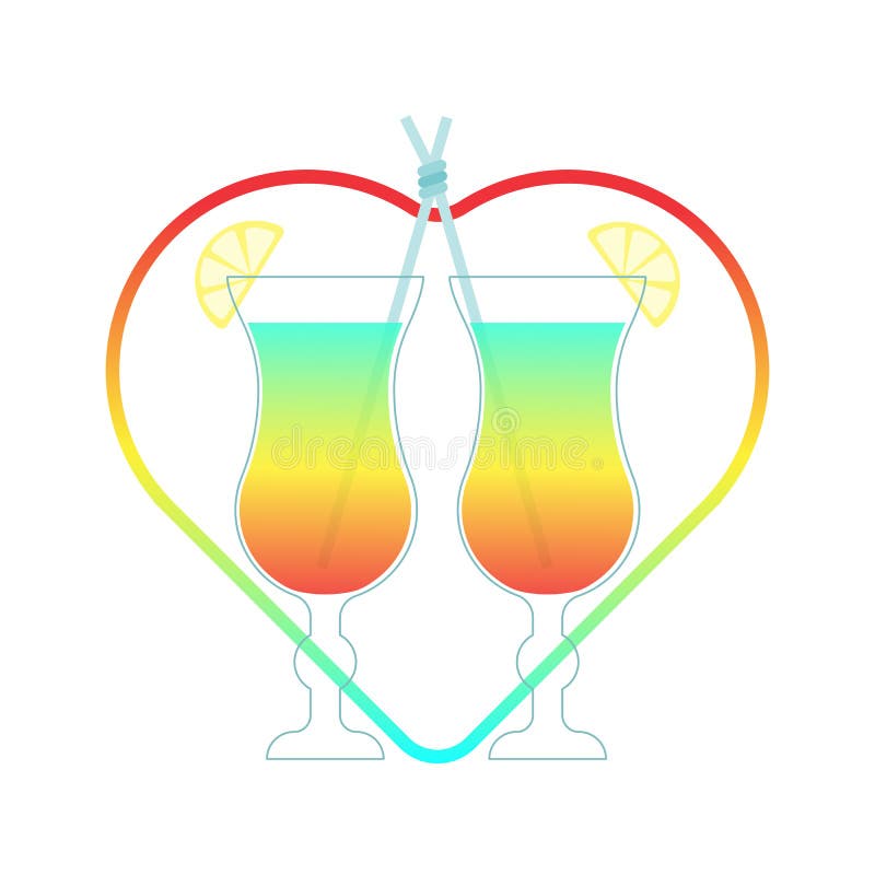 Cocktail bevete due bicchieri di icona a base di cuore amanti un esotico cocktail estivo rinfrescante con amore al limone sulla sp illustrazione vettoriale
