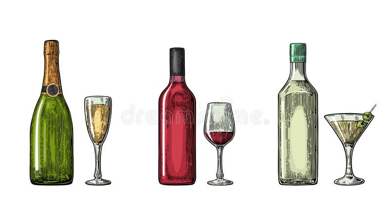 Bottle and glass cocktail, liquor, wine, champagne. Vintage color vector engraving illustration for label, poster, invitation to party. on white background. Bottle and glass cocktail, liquor, wine, champagne. Vintage color vector engraving illustration for label, poster, invitation to party. on white background