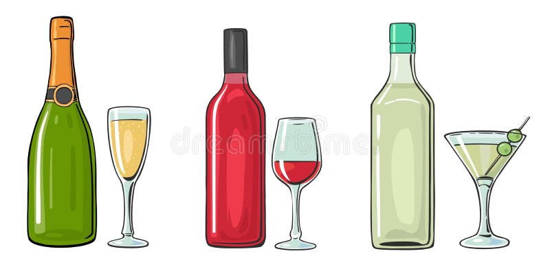 Bottle and glass cocktail, liquor, wine, champagne. Vector color flat illustration for label, poster, invitation to party. Isolated on white background. Bottle and glass cocktail, liquor, wine, champagne. Vector color flat illustration for label, poster, invitation to party. Isolated on white background