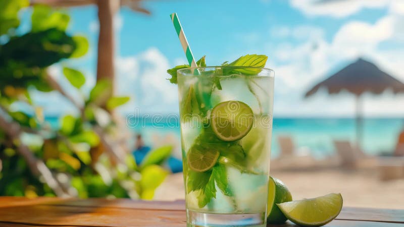 Cocktail de mojito réfrigéré avec chaux et menthe servi sur une table en bois au bord de la plage tropicale sous un ciel ensoleill illustration libre de droits