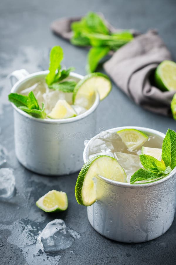Cocktail del mulo di Mosca con vodka, la birra di zenzero, la calce e la menta fotografia stock Cocktail del mulo di Mosca con vodka, la birra di zenzero, la calce e la menta fotografia stock