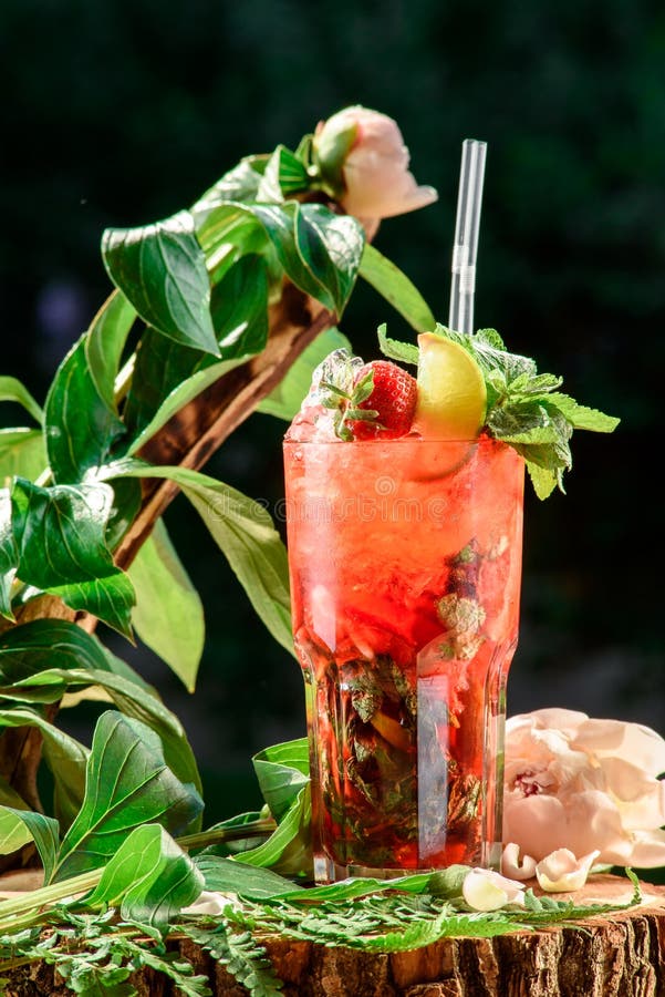 Cocktail di rinfresco con ghiaccio, la menta, il limone e le fragole sui precedenti delle foglie verdi spazio Fine in su immagini stock libere da diritti Cocktail di rinfresco con ghiaccio, la menta, il limone e le fragole sui precedenti delle foglie verdi spazio Fine in su immagini stock libere da diritti