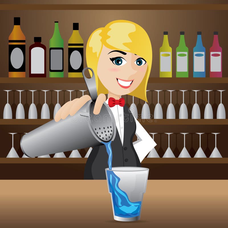 Cocktail di versamento del barista della ragazza del fumetto illustrazione vettoriale Cocktail di versamento del barista della ragazza del fumetto illustrazione vettoriale