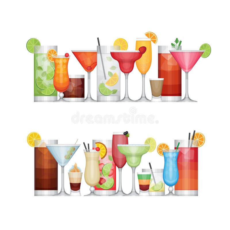 Cocktail differente dell'alcool Bevande e bevande Progettazione piana illustrazione vettoriale Cocktail differente dell'alcool Bevande e bevande Progettazione piana illustrazione vettoriale
