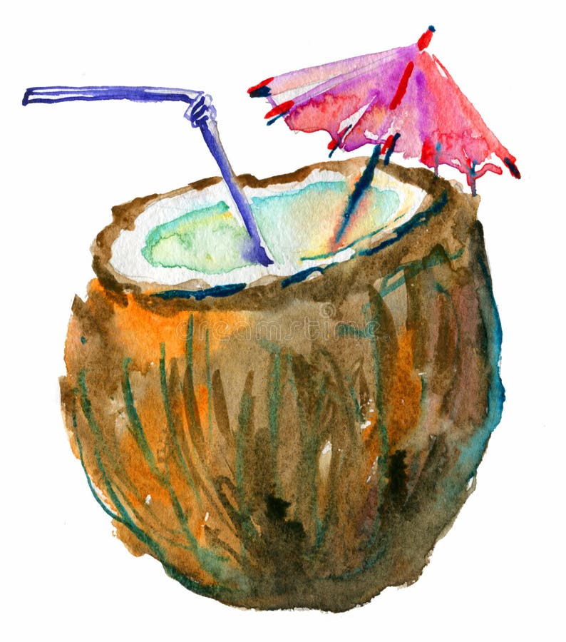 Coconut Cocktail, watercolor illustration on white paper. Coconut Cocktail, watercolor illustration on white paper