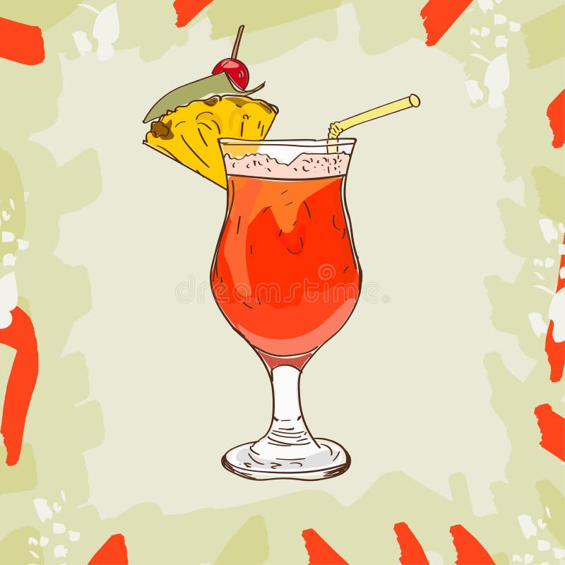 Cocktail do esboço do perfurador do plantador, do suco escuro do rum, da laranja e de abacaxi, xarope de açúcar, xarope de grosel ilustração do vetor Cocktail do esboço do perfurador do plantador, do suco escuro do rum, da laranja e de abacaxi, xarope de açúcar, xarope de grosel ilustração do vetor