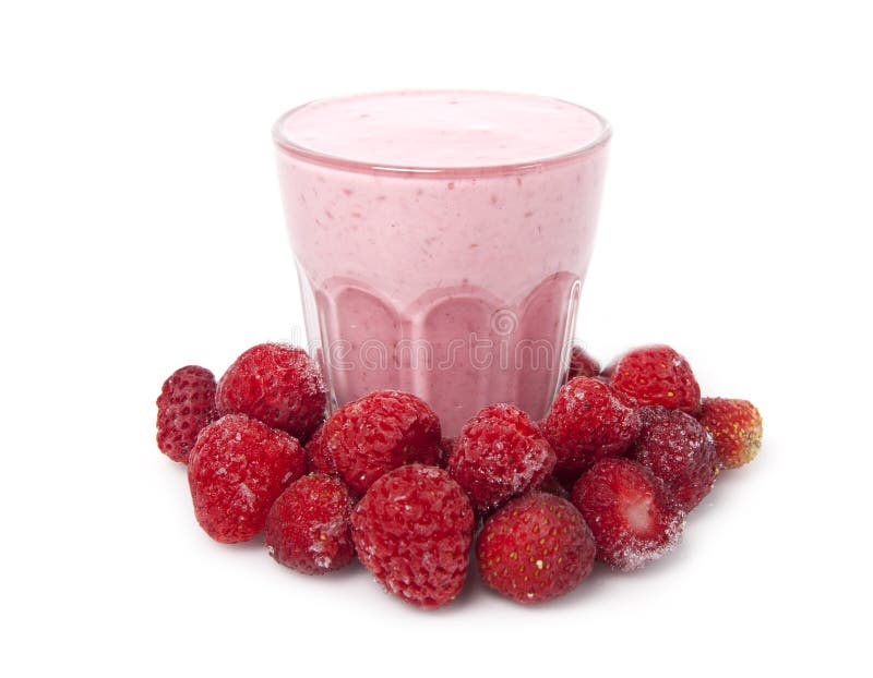 Cocktail of Yogurt with Strawberries and Strawberry in a Basket Stock