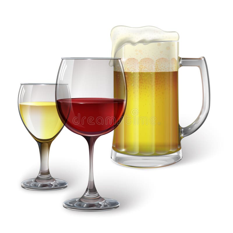 Cocktail glass, wine glass, mug with beer