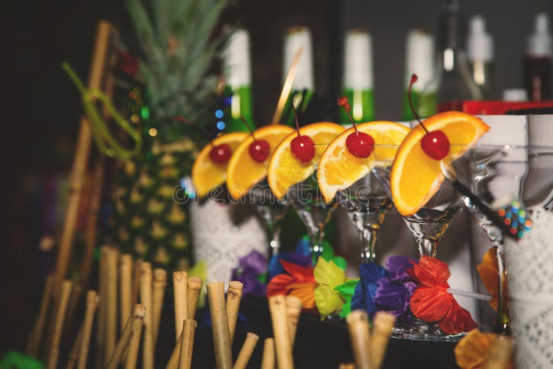 Cocktail glasses party. stock photo. Image of cold, cherry 164995328