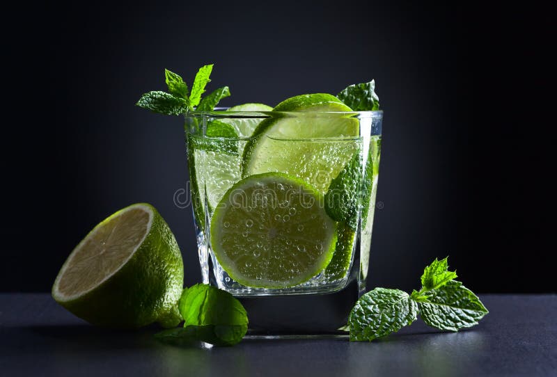 Cocktail with Lime and Peppermint Leaves Stock Photo Image of piece