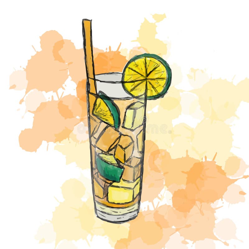 Cocktail in a glass with a straw on background of transparency, long island  iced tea. Stock Vector