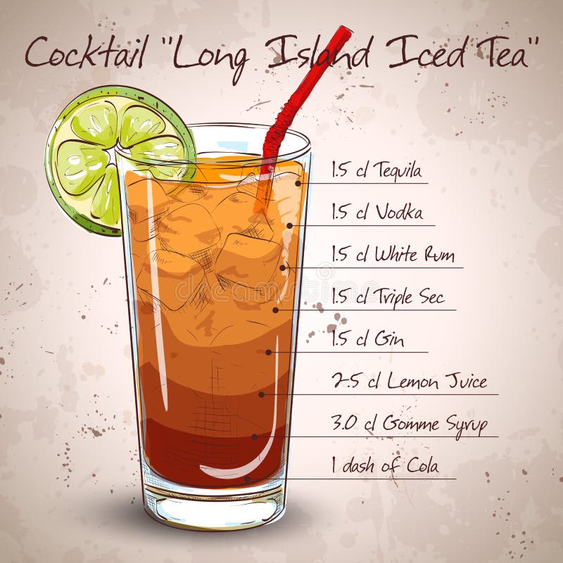 Cocktail Long Island Iced Tea Vodka, consisting of gin, rum Light, Silver tequila, orange liqueur, lemon, syrup, cola, ice cubes