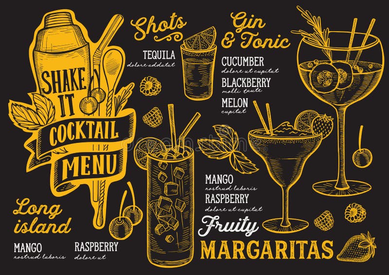 Cocktail Menu Template for Restaurant on a Blackboard Background Vector  Illustration Brochure for Food and Drink Bar. Design Stock Vector -  Illustration of mary, blackboard: 131404069