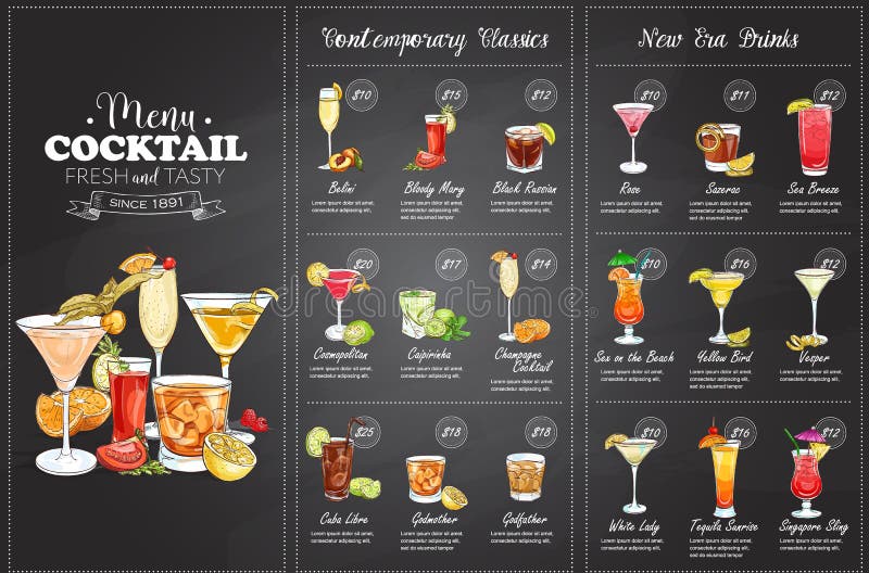 Cocktail-Menüdesign Front Drawings horisontal vektor abbildung Cocktail-Menüdesign Front Drawings horisontal vektor abbildung