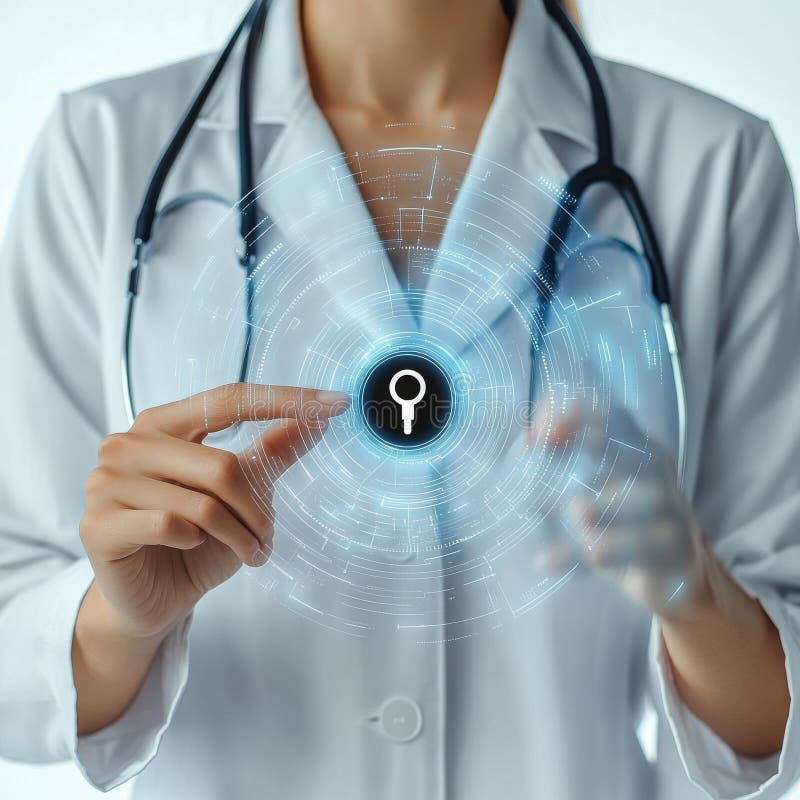 Cocktail mixing techniques. AI cybersecurity in healthcare. Medical professional using futuristic touch screen stock image