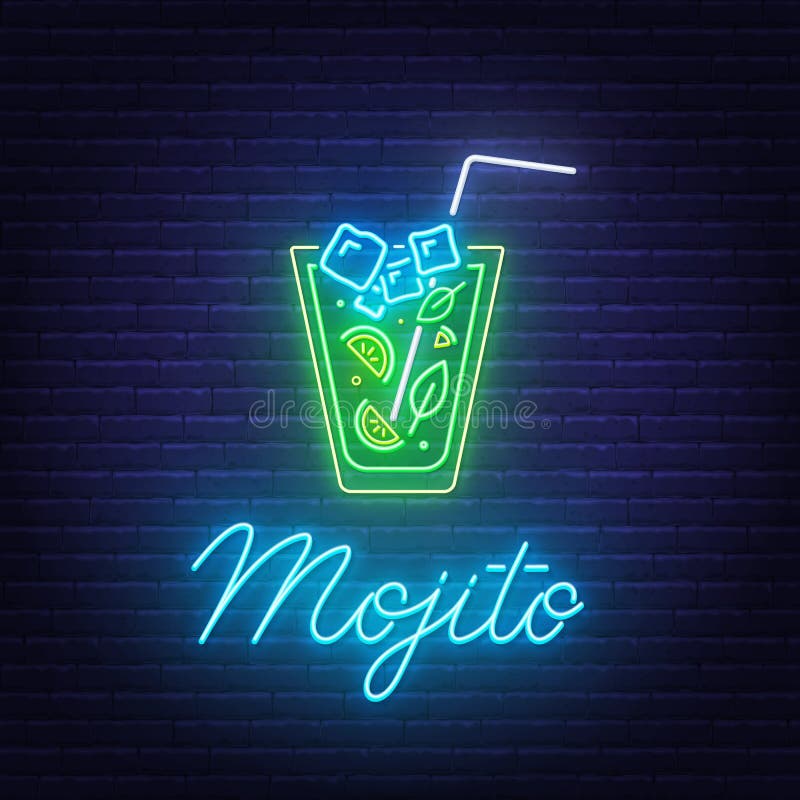 Cocktail Party Neon Sign on Brick Wall Background. Stock Vector