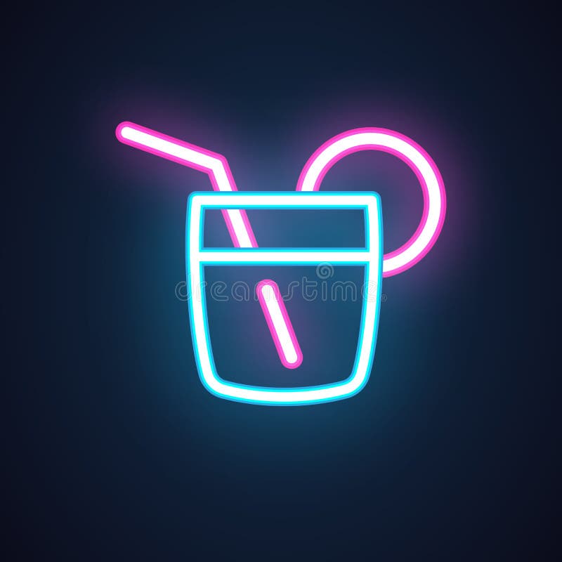 Cocktail Neon Icon. Drink in with Straw. Alcohol Shot. Illuminated Label for Parties, Event, Bar, Restaurant, Cafe Stock Vector - Illustration holiday, motel: