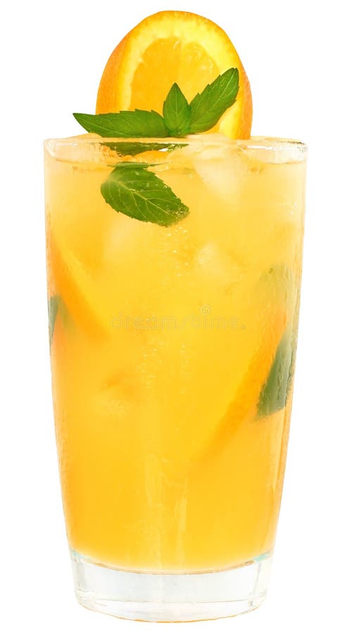 Cocktail with Orange Juice and Ice Cubes Decorated Leaf Mint Stock