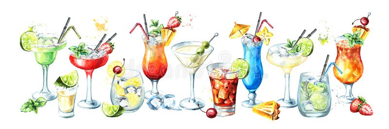 Cocktail party banner. Watercolor hand drawn illustration, isolated on white background royalty free illustration Cocktail party banner. Watercolor hand drawn illustration, isolated on white background royalty free illustration