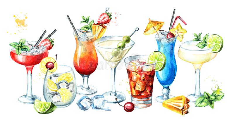 Cocktail party. Cocktails banner. Watercolor hand drawn illustration, isolated on white background. stock illustration Cocktail party. Cocktails banner. Watercolor hand drawn illustration, isolated on white background. stock illustration
