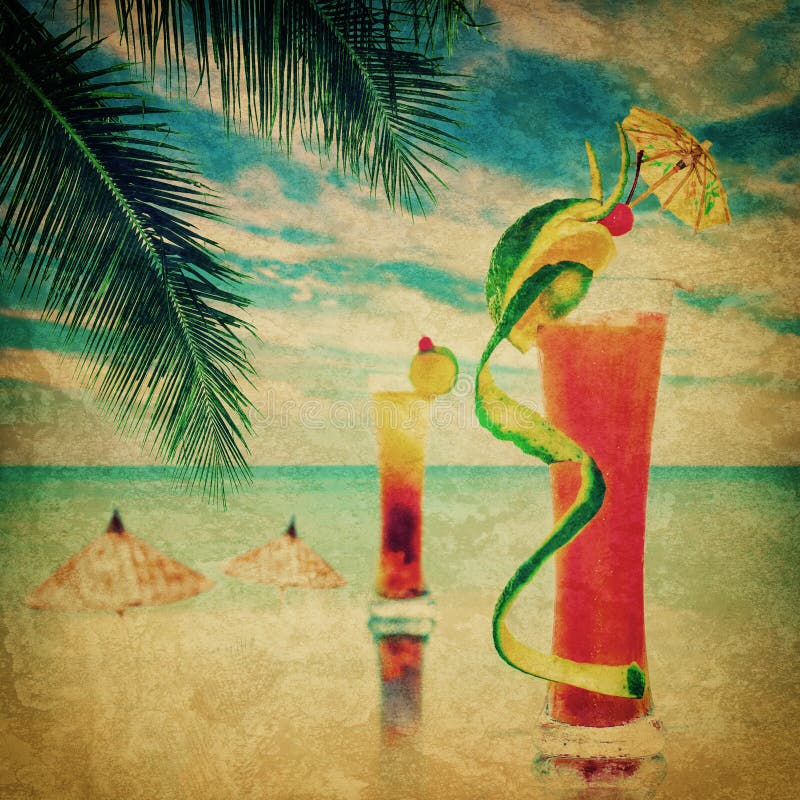 Cocktail party invitation in vintage style. Grunge texture with. Two alcohol cocktails served at bar on tropical ocean beach royalty free stock image Cocktail party invitation in vintage style. Grunge texture with. Two alcohol cocktails served at bar on tropical ocean beach royalty free stock image