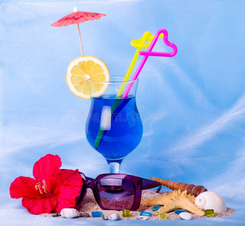 Cocktail with Tropical Shell and Glasses Stock Photo Image of