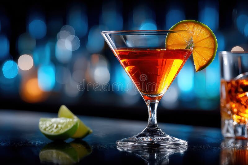 A cocktail and a whiskey sit on a bar with lime garnishes and a bokeh background. Bokeh whiskey stock images, royalty-free photos and pictures