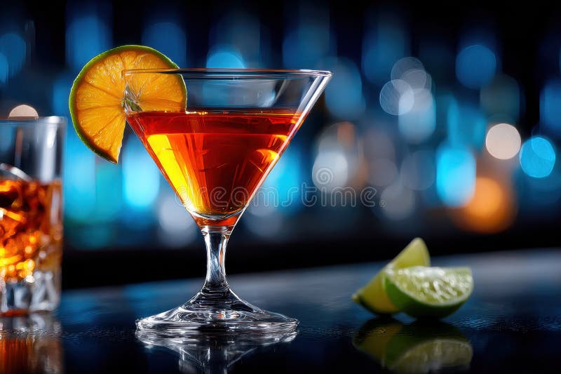 A cocktail and a whiskey sit on a bar with lime garnishes and a bokeh background. Bokeh whiskey stock images, royalty-free photos and pictures